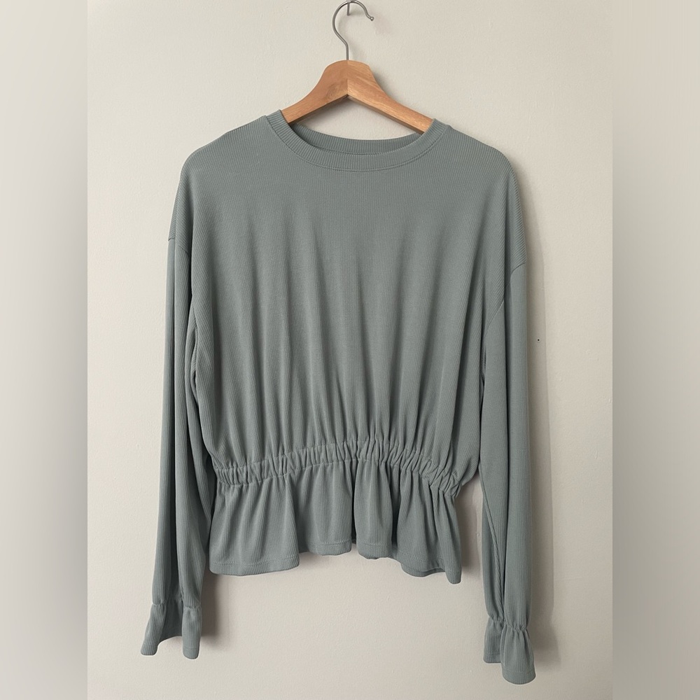 A New Day Ribbed Peplum Top Sage Green Size Small